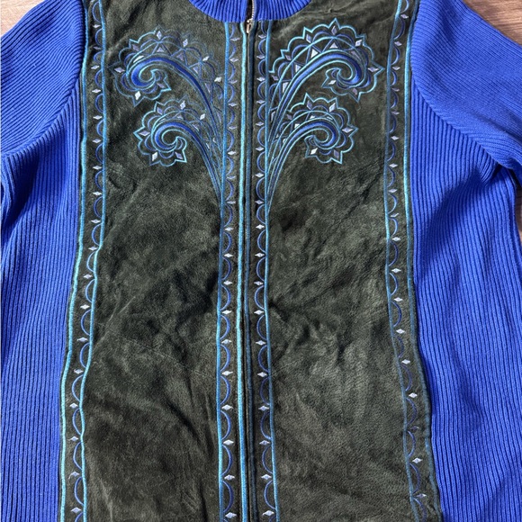 Bob Mackie Women Wearable Art Suede Black Blue Embroidered Zip Knit Jacket Sz L - Picture 4 of 14